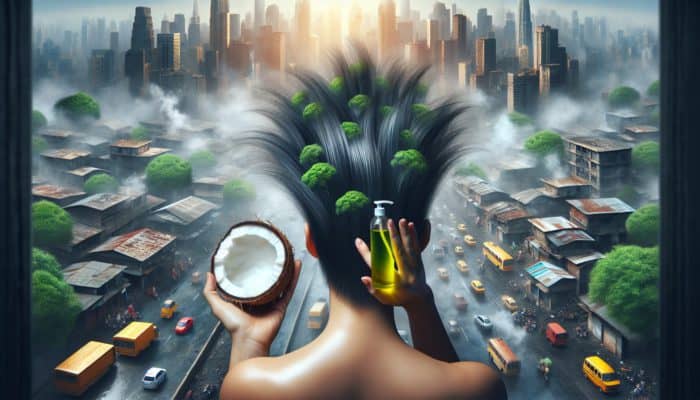 Person applying coconut oil to scalp in polluted urban setting, showing improved hair density and health.