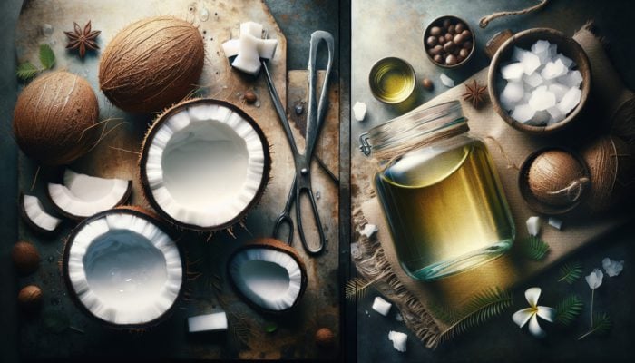 Virgin coconut oil in clear jar with fresh coconut meat; refined coconut oil in jar with mild scent, amidst cooking and hair care items.