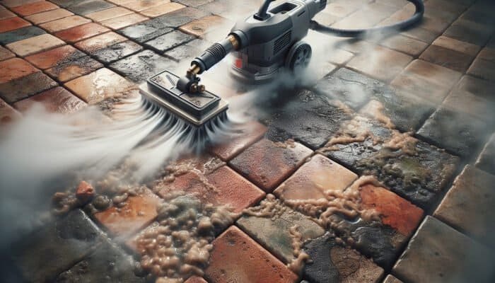 High-pressure steam cleaner revealing the natural colours and textures of quarry tiles while removing dirt.