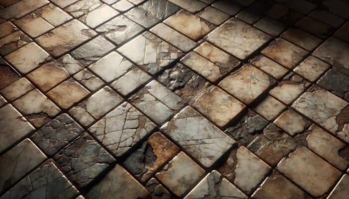 Worn quarry tiles displaying dullness, discolouration, cracks, and stains resulting from steam cleaning on an aged kitchen floor.