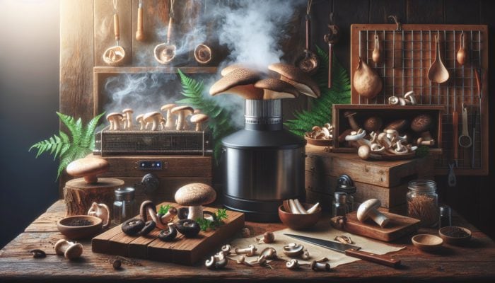 An assortment of shiitake, portobello, and oyster mushrooms being smoked in a rustic kitchen environment.