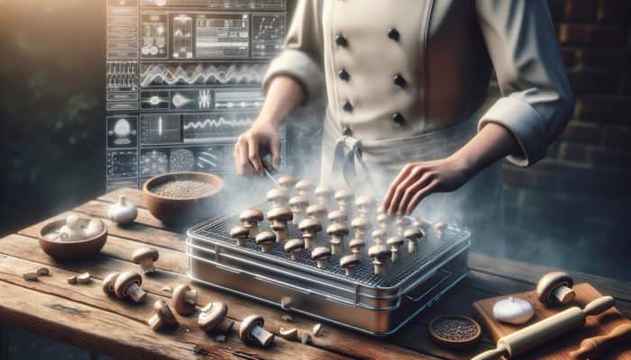 A chef diligently preparing mushrooms for smoking: slicing, seasoning, and arranging on a smoker rack amidst rising smoke.