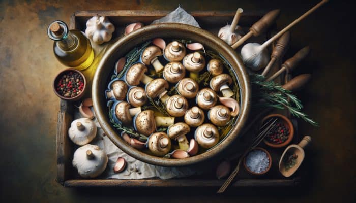Marinated mushrooms with olive oil, garlic, and herbs such as thyme and rosemary, poised for smoking.