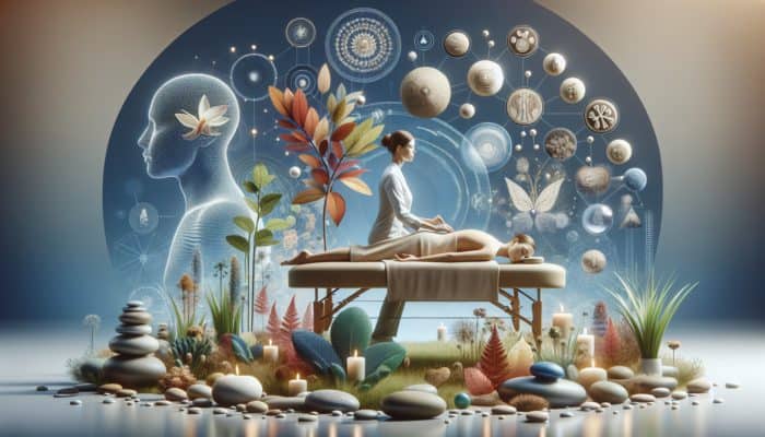 A person receiving a massage in a serene spa, illustrating muscle relaxation and improved circulation.