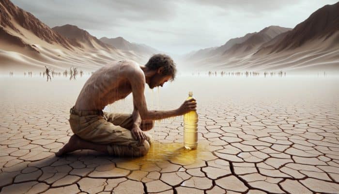Wilderness Survival Myths: A dehydrated individual in a desert holding a bottle of urine, surrounded by mirages and cracked earth.