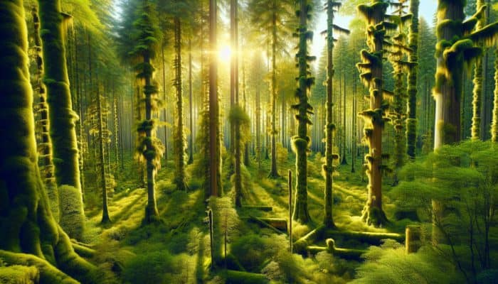 Moss covering trees on all sides in a lush forest, with sunlight filtering through the leaves.
