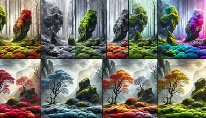 A mystical forest displaying varied moss growth patterns on trees and rocks due to differing humidity and light exposure.