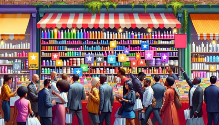 A lively UK marketplace stall showcasing affordable hair products with expert recommendations and diverse customers browsing.