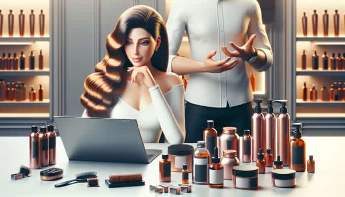 Individual with healthy hair using a laptop to explore hair care blogs and tutorials, amidst a salon setting with stylist and products.