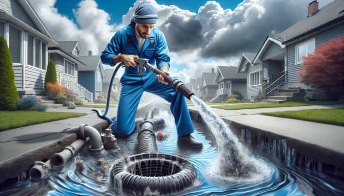 Expert Drain Services in South Vancouver: A professional plumber in blue uniform using a high-pressure water jet to clear a clogged drain.