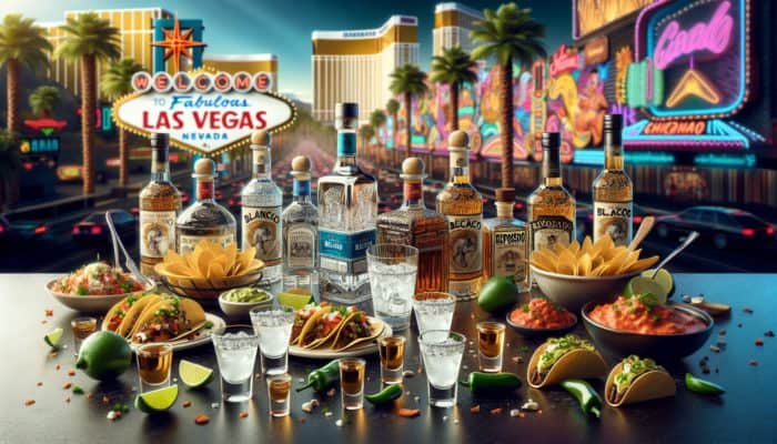 Tequila shots with tacos, guacamole, and jalapeño poppers in a vibrant Las Vegas bar scene.