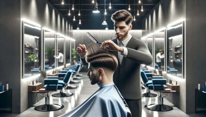 A barber meticulously cutting long layers in a man's hair in a modern salon with mirrors and focused lighting.