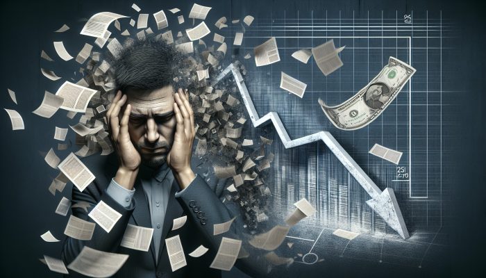 How to Consolidate Debt Without a Loan: UK Strategies | DCL A person stressed by increasing debt, surrounded by financial documents, with a damaged credit score graph in the background.