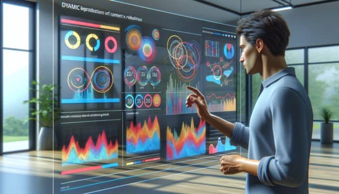 A person analysing a dashboard with graphs and charts in a modern office, tracking key performance metrics.