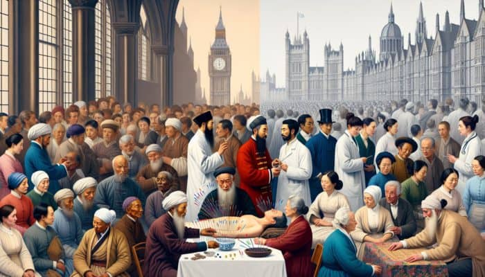 Acupuncture for Energy Flow Balance: A 17th-century Chinese acupuncturist treating a patient in Britain, contrasted with a modern UK clinic bustling with diverse patients and practitioners.