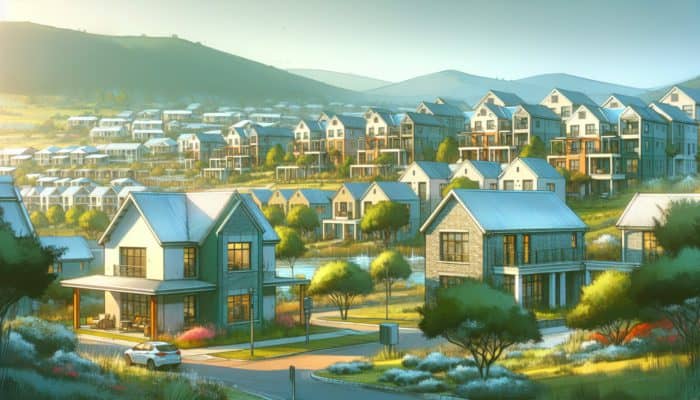 Knysna landscape with modern apartments and charming townhouses amidst lush greenery for young families and first-time buyers.