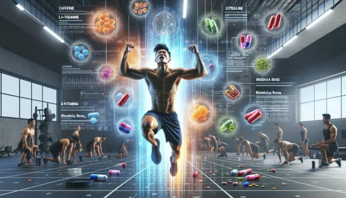 Workout scene with person and floating capsules of key nootropic and pre-workout ingredients.