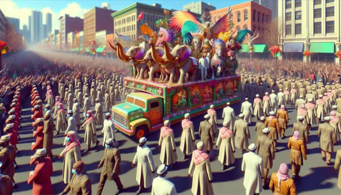 A vibrant holiday parade featuring organised floats and various animals like elephants and horses under a sunny sky.