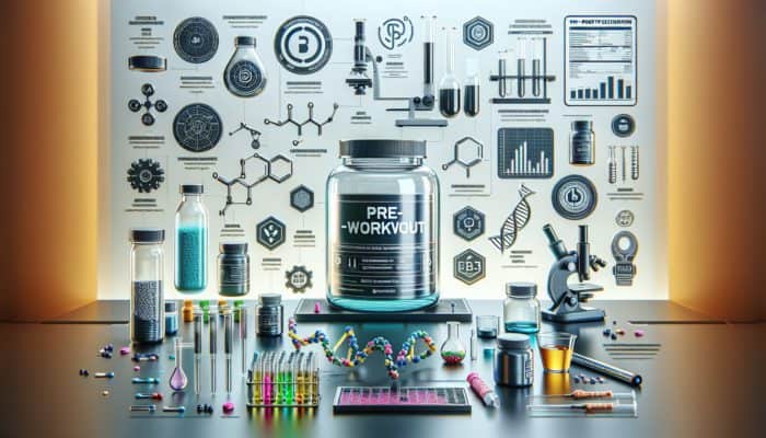 Transparent bottle of pre-workout supplement on lab bench with scientific equipment and certification logos, showing detailed ingredient dosages.
