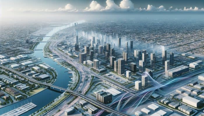 Aerial view of Boksburg highlighting new transport links, commercial developments, upgraded utilities, and community facilities.