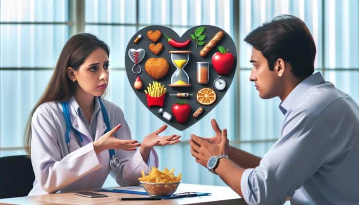 A doctor in Bracknell discussing cholesterol test results with a patient using graphs and charts.