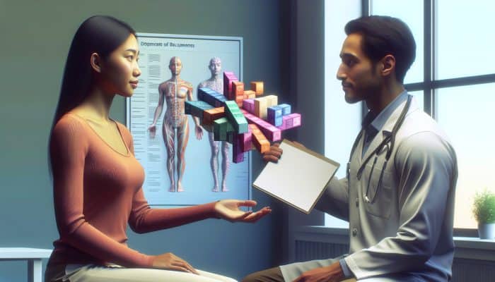 Person handing medical records and medication list to acupuncturist, holding notebook for post-session notes.