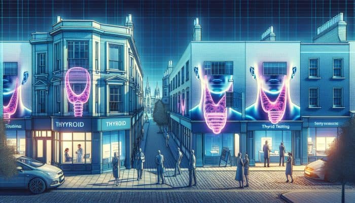 A busy Cambridge street with multiple clinics offering thyroid testing, patients and staff visible.