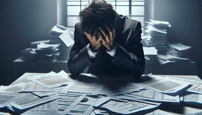 A distressed person at a cluttered desk with legal documents and financial statements, under harsh lighting, symbolizing bankruptcy in the UK.