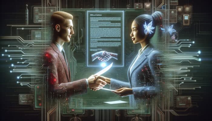 Ethical Guidelines for Human Virtual Assistant Contracts: A virtual assistant and client shaking hands over a glowing contract, symbolising trust and ethical integrity.