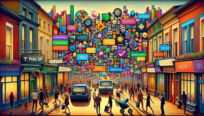 UK high street showcasing small businesses implementing SEO strategies, customers using smartphones.