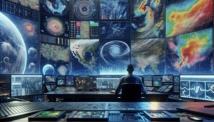 A meteorologist analysing weather data on multiple screens in a high-tech control room.