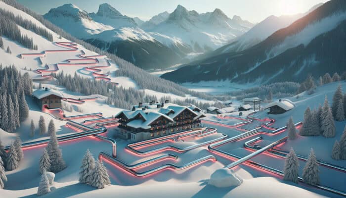 A mountain hotel in Whistler with insulated, heat-traced pipes amidst snowy terrain and rugged peaks.