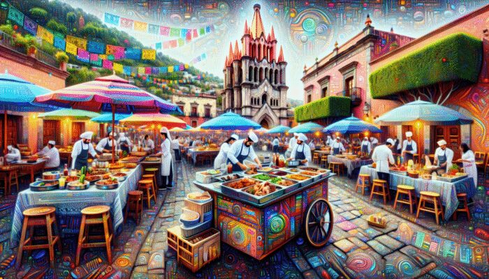 A vibrant culinary tour in San Miguel de Allende with street food, gourmet dining, and cooking classes amidst festive celebrations.
