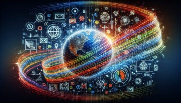 Strategies for Enhancing Email Open Rates: An email interface showcasing vibrant action verb subject lines such as "Discover," "Unlock," and "Boost," complemented by global and seasonal icons.