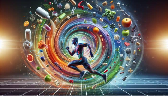 Boosting Immunity With Athletic Supplements: An athlete running with colourful supplements swirling around, enhancing performance and health.