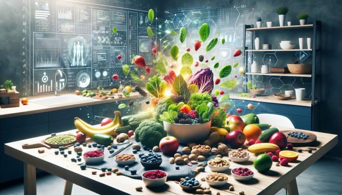 Nutrition for Chronic Fatigue: Colorful, nutrient-rich foods like greens, berries, nuts, symbolizing energy and vitality against chronic fatigue syndrome.