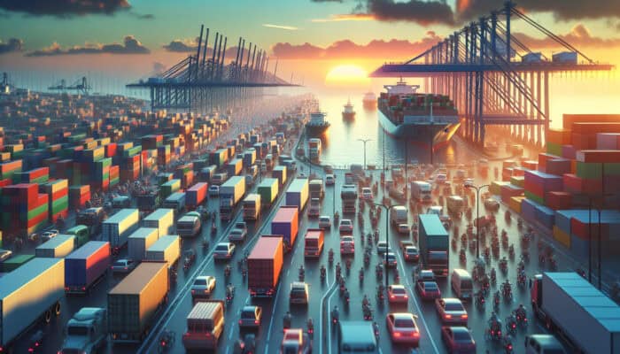 Low-Cost Transport for Clearance Items: A bustling port at sunset with trucks, trains, ships, and bicycles transporting clearance items efficiently.