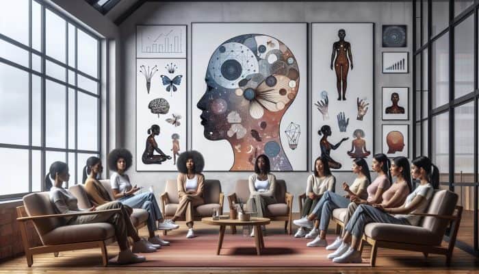 Women in a therapy room practicing CBT and mindfulness, with charts showing therapy effectiveness.