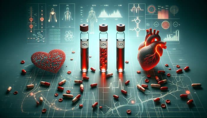 Cholesterol Blood Test in Bletchley: Illustration of a cholesterol blood test with labeled vials of HDL, LDL, triglycerides, and cardiovascular system diagram.