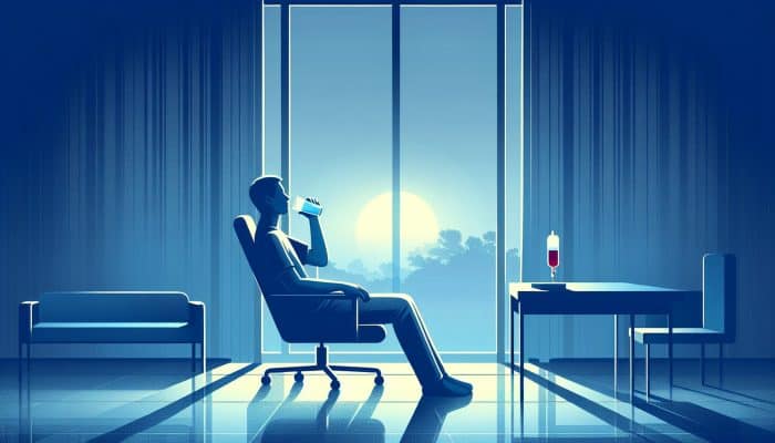 A person drinking water, sitting calmly with a clock showing early morning, preparing for a cholesterol test.