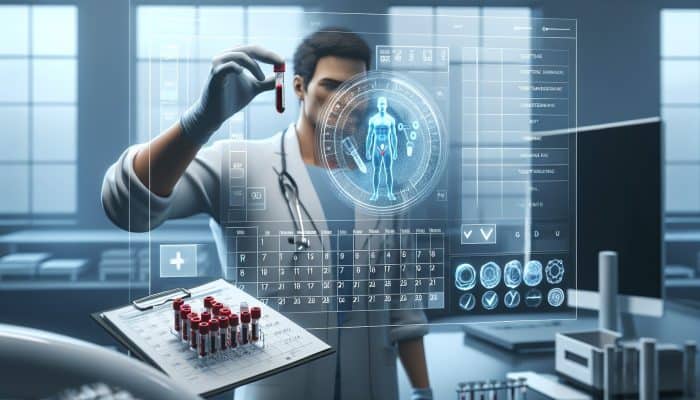 Individual in a lab with testosterone vial, checklist, and calendar, preparing for blood testing.