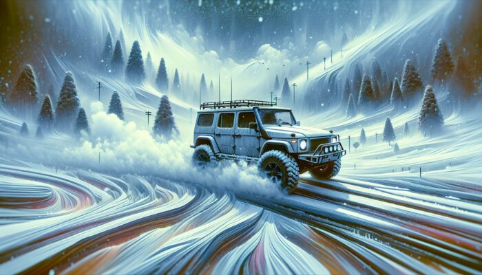 A robust SUV equipped with snow tyres and a powerful heating system navigating safely through icy, snowy roads.