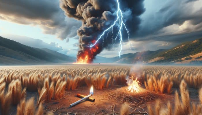 Wilderness Fire Safety: Lightning igniting dry grass in a wilderness, with human-induced fire risks in the background.