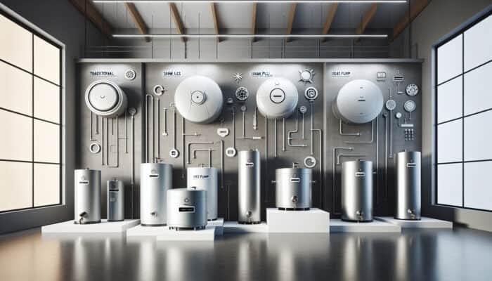 Hot Water Tank Services in Ladner Delta: Showcasing a range of hot water tanks including conventional, tankless, and heat pump models in a modern showroom.