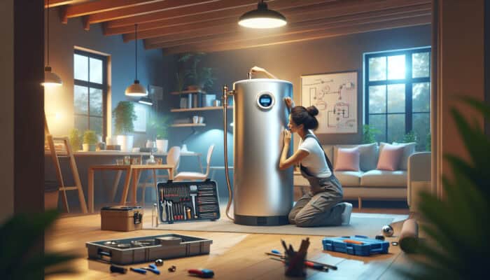 Modern hot water tank located in a comfortable basement in Ladner, Delta, serviced by a professional plumber.