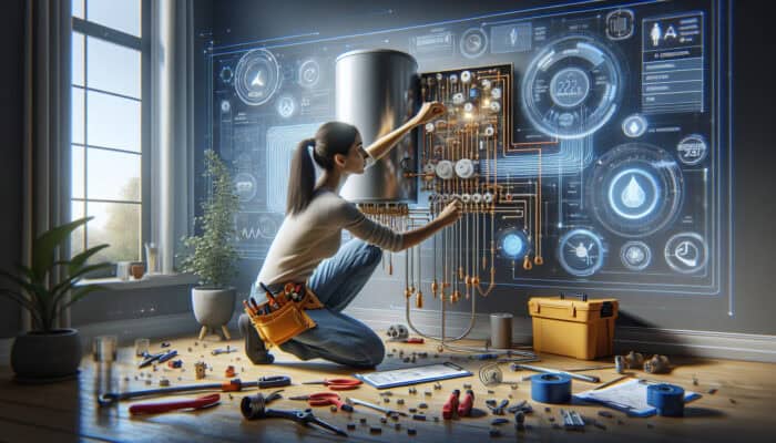 A professional installer connects a hot water tank to the electrical and plumbing systems in a modern home.