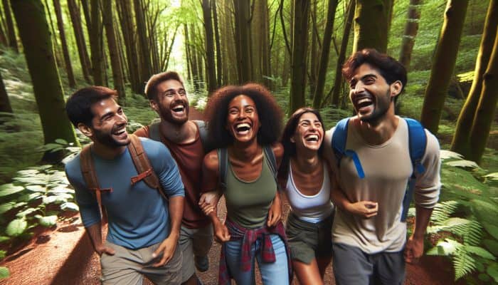 A diverse group hiking and laughing in a lush forest, illustrating the mental health benefits of social connections.