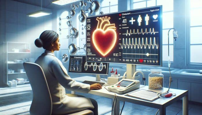 Cholesterol Blood Test in Dumfries: Person undergoing cholesterol test, heart-shaped chart showing healthy levels, symbolising proactive heart health monitoring.