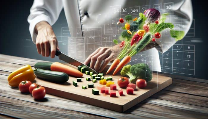 A chef chopping colorful vegetables into uniform cubes on a wooden board with a sharp knife.