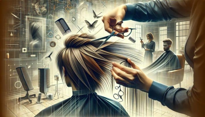 A hairstylist point cutting a model's layered hair in a contemporary salon, enhancing texture and movement.